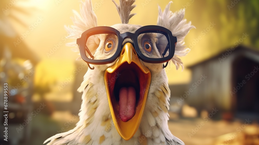 Crazy Loud Chicken Wearing Glasses Yelling Loud
