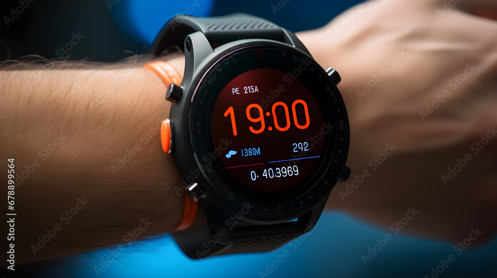 Fototapeta premium Man using a digital smartwatch during workout. Close up view of mans hand checking an app in smartwatch. Close-up of a clock that shows cardiogram, steps, kilometers and bpm.
