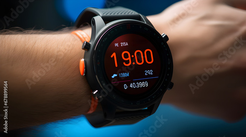 Man using a digital smartwatch during workout. Close up view of mans hand checking an app in smartwatch. Close-up of a clock that shows cardiogram, steps, kilometers and bpm.