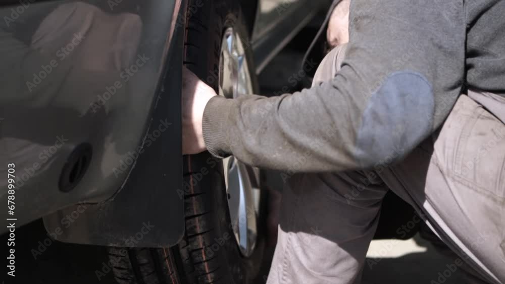 Car wheel service. Mechanic changing tires and rims, balancing the wheels Car wheel service. Mechanic changing tires and rims, balancing the wheels