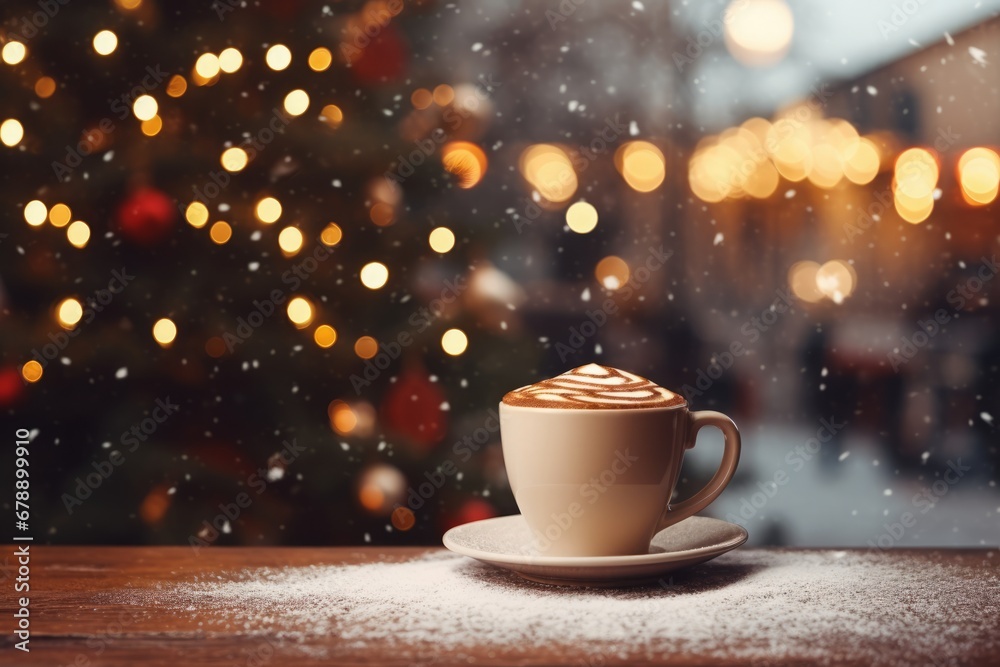 Cup of coffee with christmas tree and bokeh background Cup of coffee with christmas tree and bokeh background