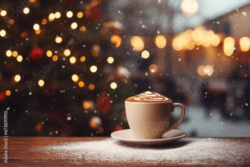 Cup of coffee with christmas tree and bokeh background