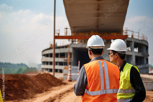 Dois homens observando construção, EPI, segurança do trabalho photo