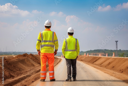 Dois homens observando estrada de terra em obras, vestidos com roupas de segurança de trabalho e capacete