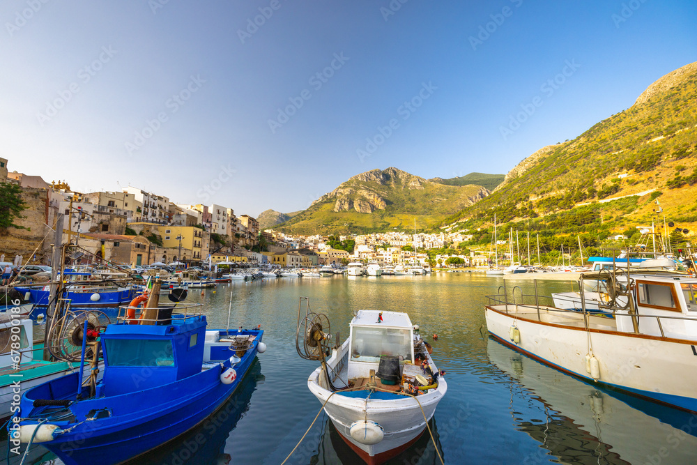 Castellammare del Golfo on Sicily, harbor with fishing boats in the morning, Italy, Europe.