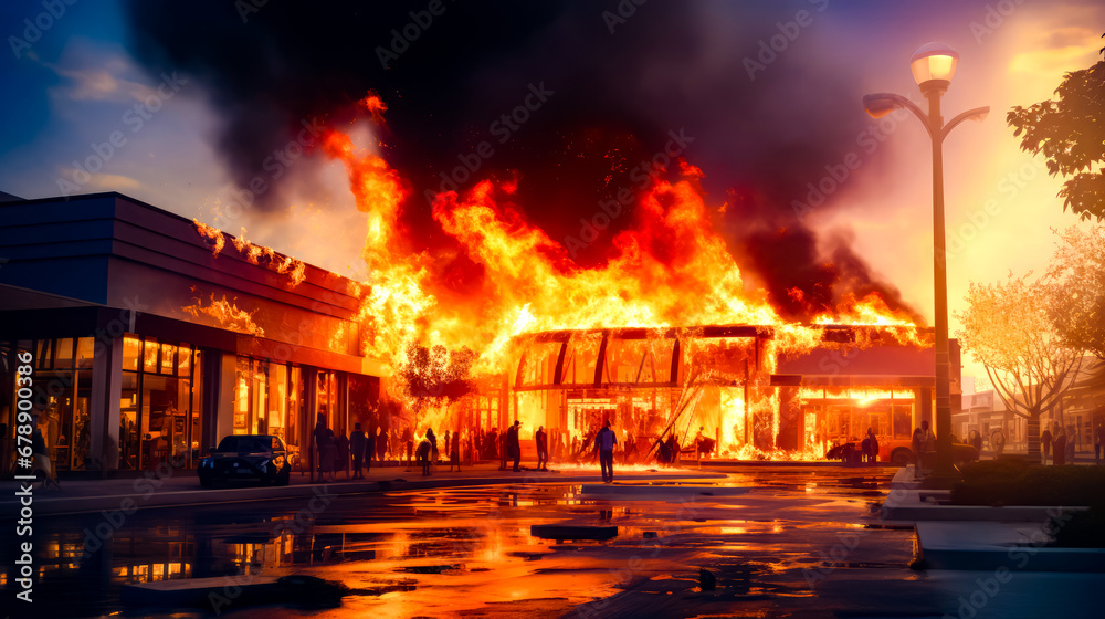 Large fire burning in building next to bunch of people standing in front of it. - obrazy, fototapety, plakaty 
