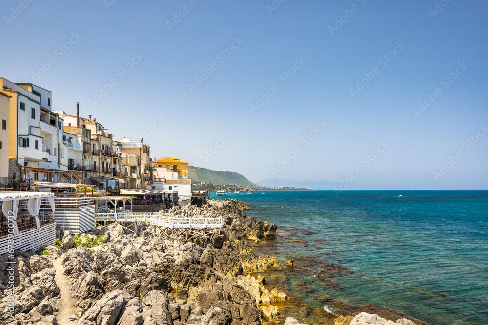 The seashore in Cefalu town, an attractive destination in Sicily, Italy, Europe.