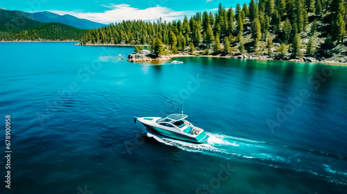 Small boat traveling across large body of water near wooded area. © Констянтин Батыльчук
