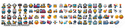 A set of icons and emojis for machines, games, first aid, cars and equipment