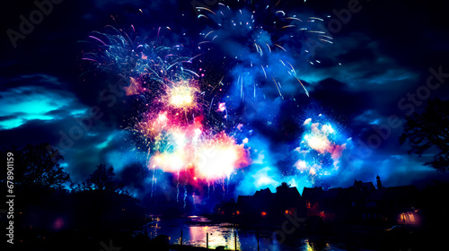 Fireworks display in the night sky over body of water with houses and buildings in the background.