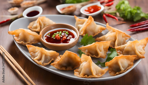 Oriental deep fried wontons filled with prawn and spring onion photo