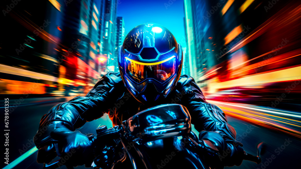 Man riding motorcycle on city street at night wearing helmet and goggles. - obrazy, fototapety, plakaty 