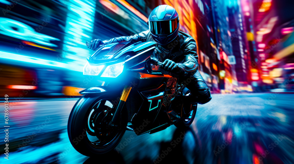 Man riding on the back of motorcycle through city at night.