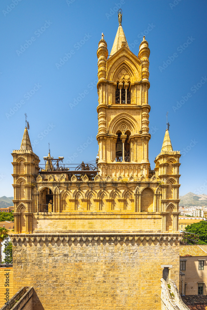 Palermo Cathedral, view of tower from roof of cathedral, a major landmark and tourist attraction in capital of Sicily, Italy, Europe.