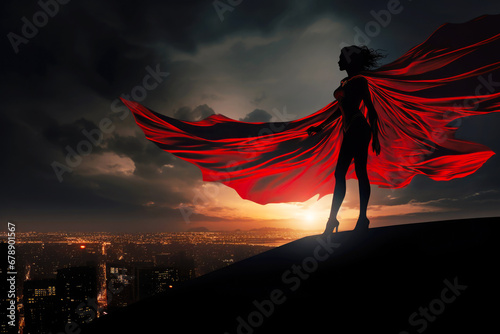 Superwoman Superhero in Red Cape Over City During Sunset photo