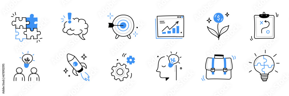 Business idea, startup doodle line icon set. Hand drawn doodle sketch line style business strategy, finance goal growth, startup idea concept. Rocket, target, brain cute element. Vector illustration Business idea, startup doodle line icon set. Hand drawn doodle sketch line style business strategy, finance goal growth, startup idea concept. Rocket, target, brain cute element. Vector illustration