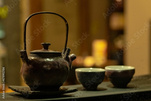 Closeup shot of tea ceremony on a blurred background