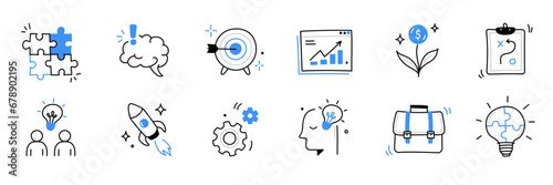 Business idea, startup doodle line icon set. Hand drawn doodle sketch line style business strategy, finance goal growth, startup idea concept. Rocket, target, brain cute element. Vector illustration