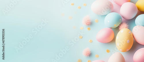 easter illustration with pastel colored small eggs on the right side, on the left side is free space for any text, light blue background