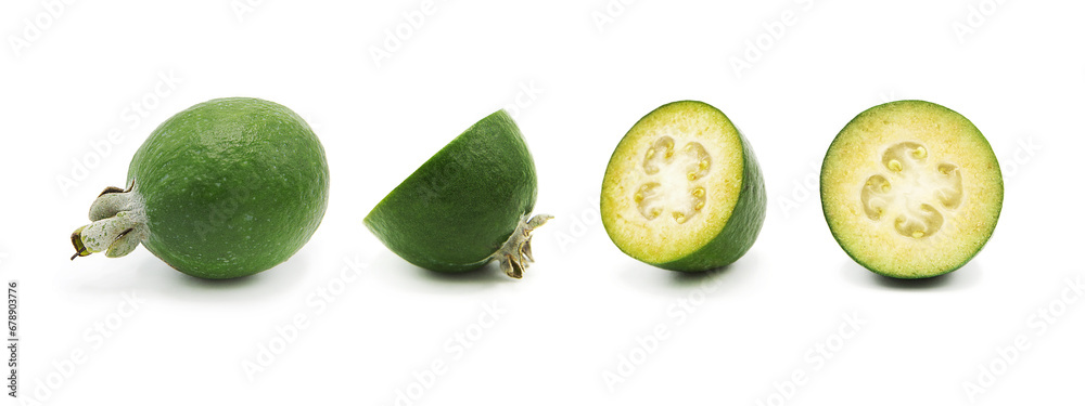 Fresh ripe feijoa whole and half isolated on white background. Fresh ripe feijoa whole and half isolated on white background.