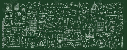 Hand drawn math science formulas on chalkboard background