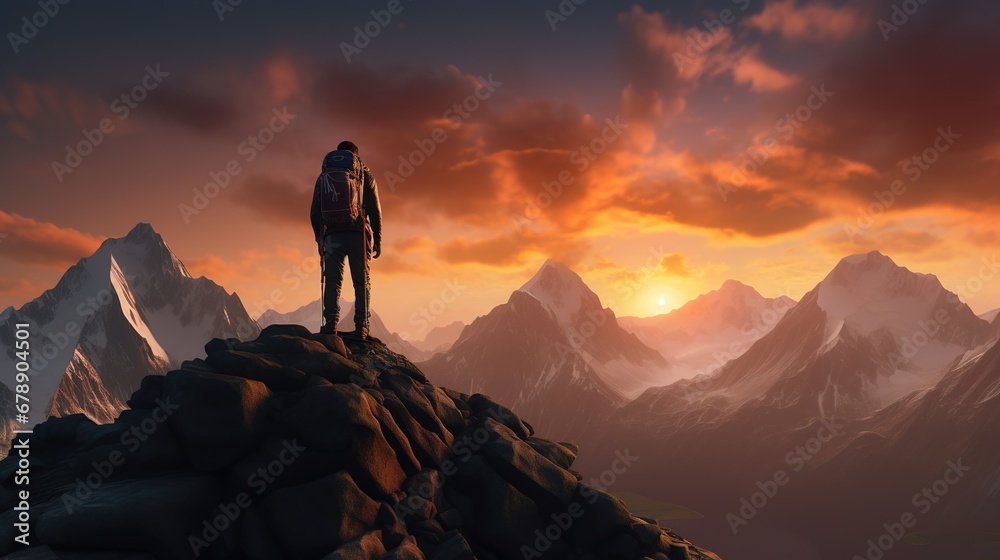 Mountain Climber Silhouette Enjoying a Scenic View