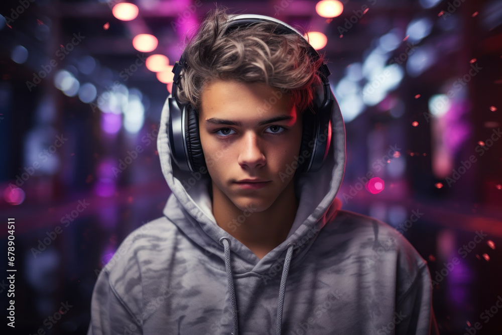 A teenager with headphones, immersed in the world of music, embodying the influence of technology on culture. Concept of technology and youth. Generative Ai.