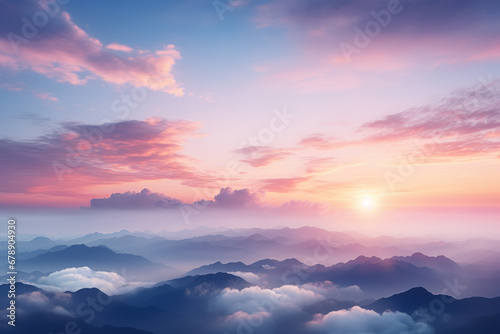 A symphony of pastel hues painting the sky during a breathtaking sunrise over a mountainous horizon. Concept of new beginnings and daily renewal. Generative Ai. © Sebastian