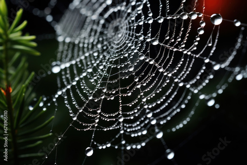 A delicate spiderweb adorned with morning dew, highlighting the intricate artistry of arachnid creations. Concept of natural craftsmanship and early mornings. Generative Ai. © Sebastian