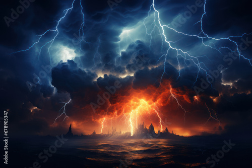 A dynamic lightning storm illuminating the night sky, revealing the raw power and beauty of atmospheric phenomena. Concept of electric storms and dramatic skies. Generative Ai.