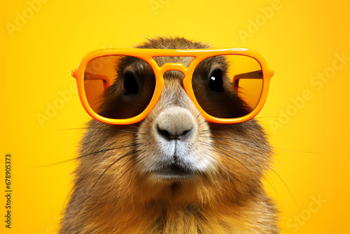 funny rodent with glasses on yellow background