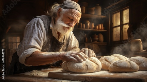 Old Man Kneading Bread Dough by Hand from Scratch