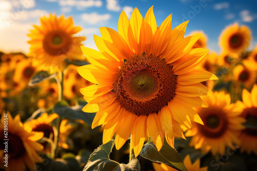 A field of sunflowers turning their faces toward the sun, symbolizing resilience and the pursuit of light. Concept of sunflower fields and natural optimism. Generative Ai.