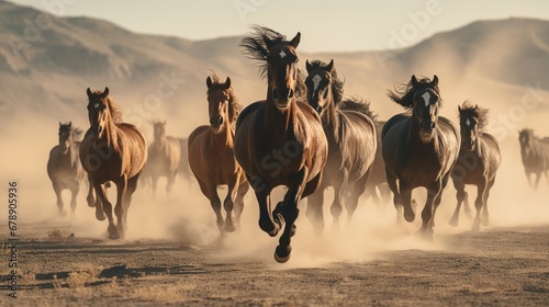 Pack of Wild Horses Running and Kicking Up Dust