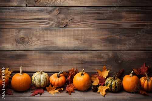 An artistically composed background with a cozy  rustic feel  showcasing a scattering of pumpkins and golden leaves against a weathered wooden surface.
