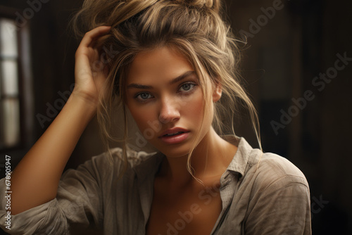 An image of a woman tying her hair in a messy bun, embracing the beauty in imperfection amid societal ideals of polished appearances. Concept of natural beauty and self-acceptance. Generative Ai.