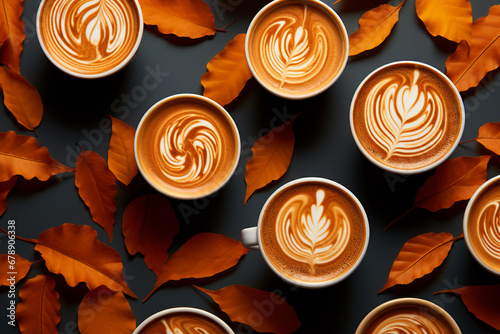 An artistic composition of scattered pumpkin latte cups arranged in a symmetrical pattern, set against a backdrop of vibrant orange and yellow leaves.
