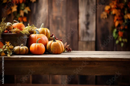 An enchanting autumn scene featuring a rustic wooden table adorned with a decorative pumpkin and a scattering of colorful leaves, creating a warm and inviting atmosphere.