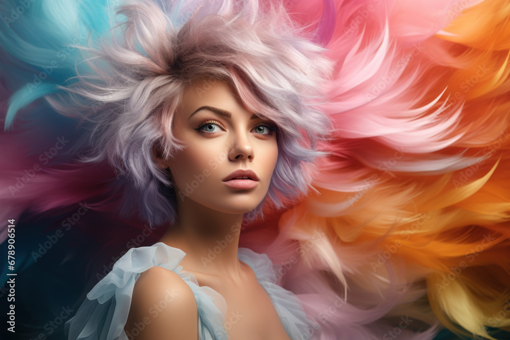 A woman with vibrant, pastel-colored hair, expressing creativity and uniqueness against a complementary background. Concept of self-expression and artistic identity. Generative Ai.