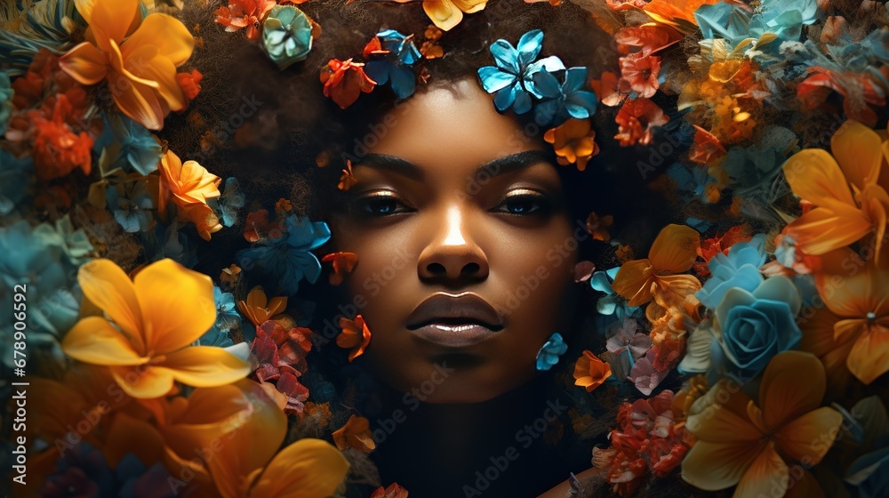 Beautiful Black Woman Surrounded by Flowers