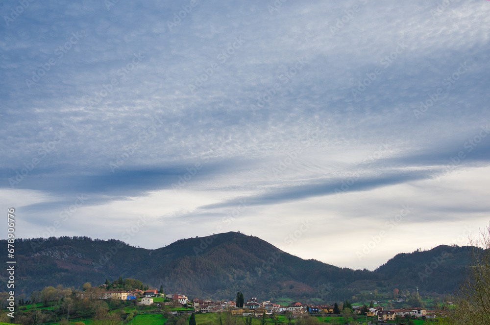 Ceceda village and Penamayor Sierra in background, Nava municipality, Asturias, Spain