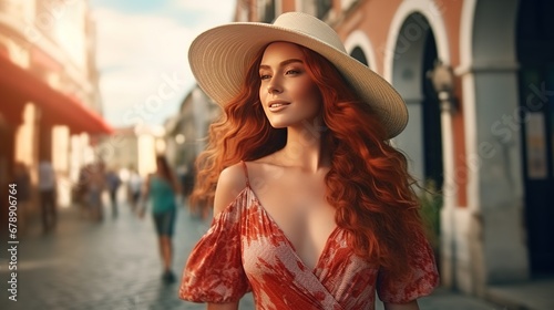 Pretty Red-Haired Woman Walking in Street