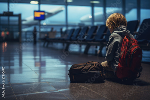 Adorable little boy alone in the airport