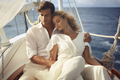 Couple in love sitting on yacht deck while sailing in the sea © Ekaterina Pokrovsky