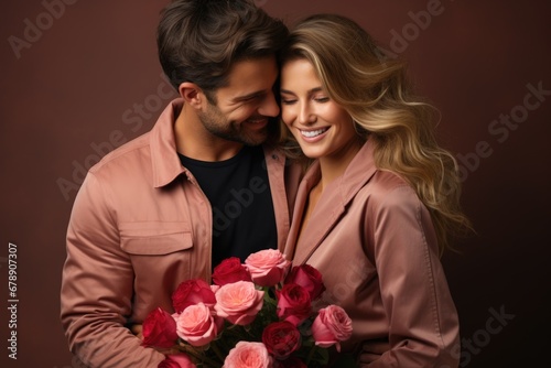 Opulent fragrance campaign: A chic couple embraces, dressed in finery, exchanging love on Valentine's Day. He gifts a bouquet of roses, symbolizing passion, against a rich brown backdrop. Generated AI