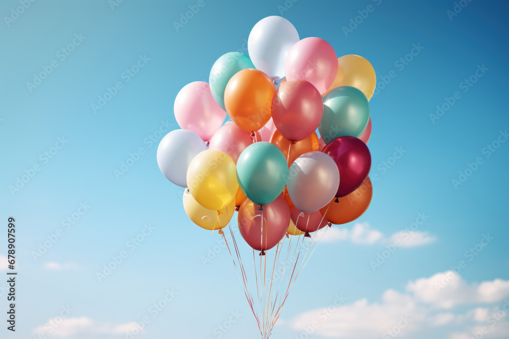 A bouquet of colorful helium balloons floating against a clear sky, symbolizing celebration and joyous occasions. Concept of festivities and happiness. Generative Ai.