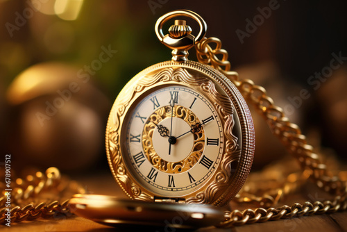 A vintage pocket watch with an ornate chain, representing the timeless beauty of classic accessories. Concept of elegance and tradition. Generative Ai.