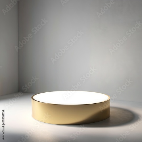 generative ai. A white and gold podium on a monochrome background in an empty room. Spherical podium for product presentation and advertising.
