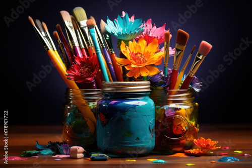 A cluster of diverse paintbrushes and tubes of paint, illustrating the vibrancy and diversity of artistic expression. Concept of creativity and imagination. Generative Ai.