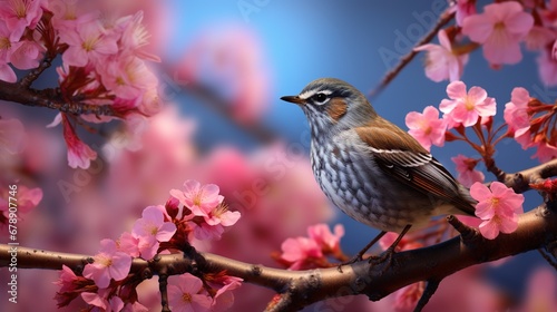 Pink Spring Flowers with Robin Bird in a Tree